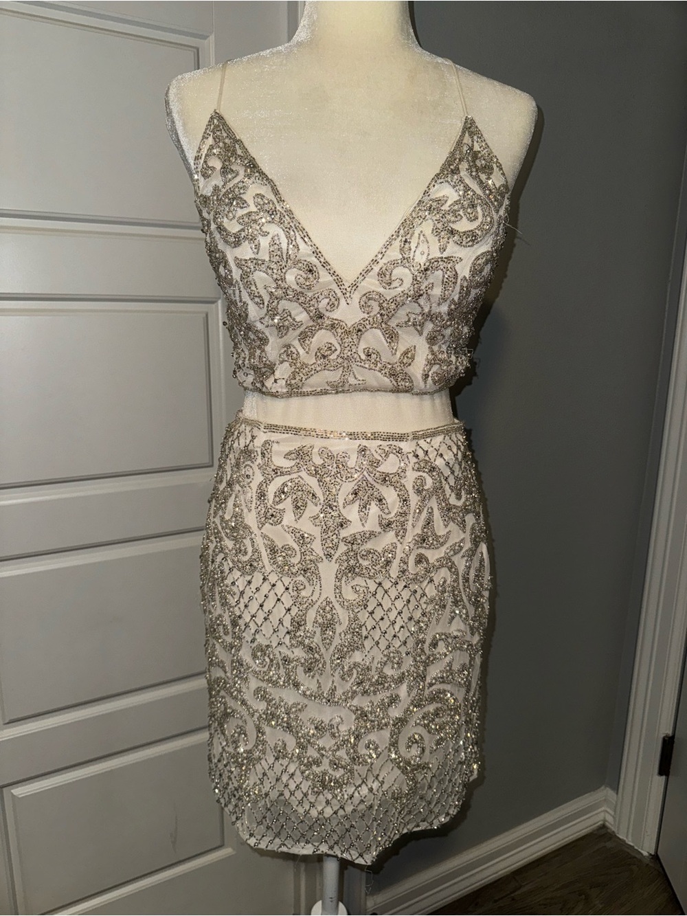 Primavera Couture Ivory Mini Skirt with Gold Beaded Embellishment